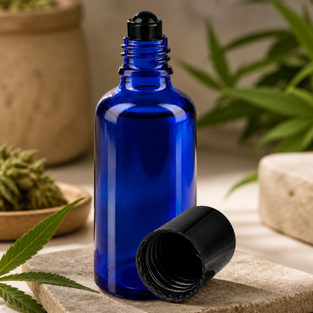 Blaue 50ml Rollerflasche aus Apothekerglas mit schwarzem Kugelaufsatz auf Naturstein Untergrund