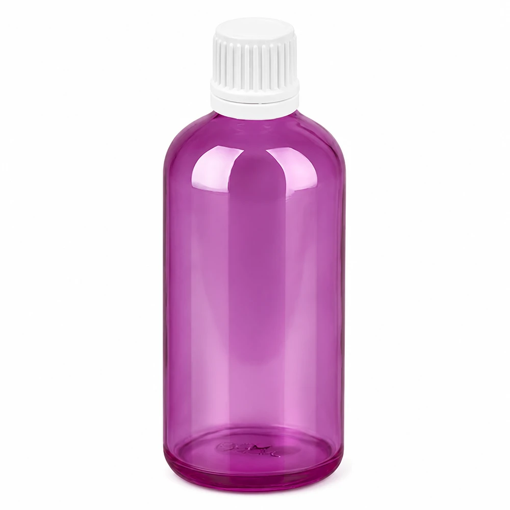 Hochwertige 100ml Kunststoffflasche in Violett mit tropfsicherem weißem Verschlusssystem