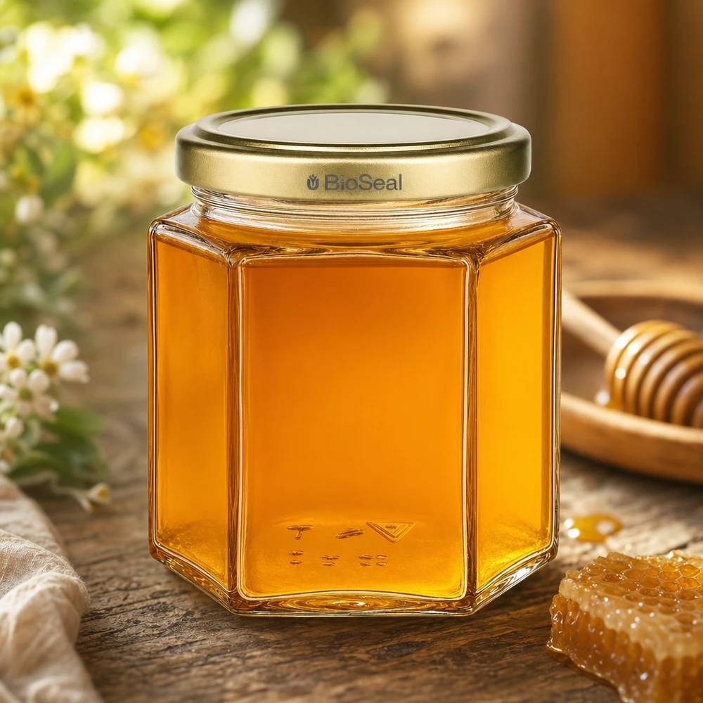 520g Honigglas hexagonal mit BioSeal Golddeckel gefüllt mit natürlichem Honig neben Wabe und Honiglöffel