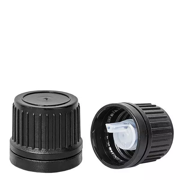 Kapací uzávěr 1mm špičkový černý 18mm s tamper-evidentním uzávěrem. Kapací uzávěr 1mm špičkový černý 18mm s tamper-evidentním uzávěrem.