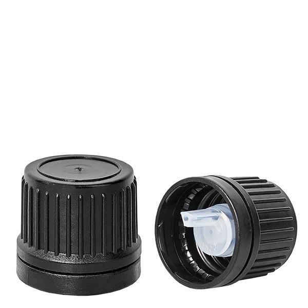 Kapací uzávěr 1mm špičkový černý 18mm s tamper-evidentním uzávěrem. Kapací uzávěr 1mm špičkový černý 18mm s tamper-evidentním uzávěrem.