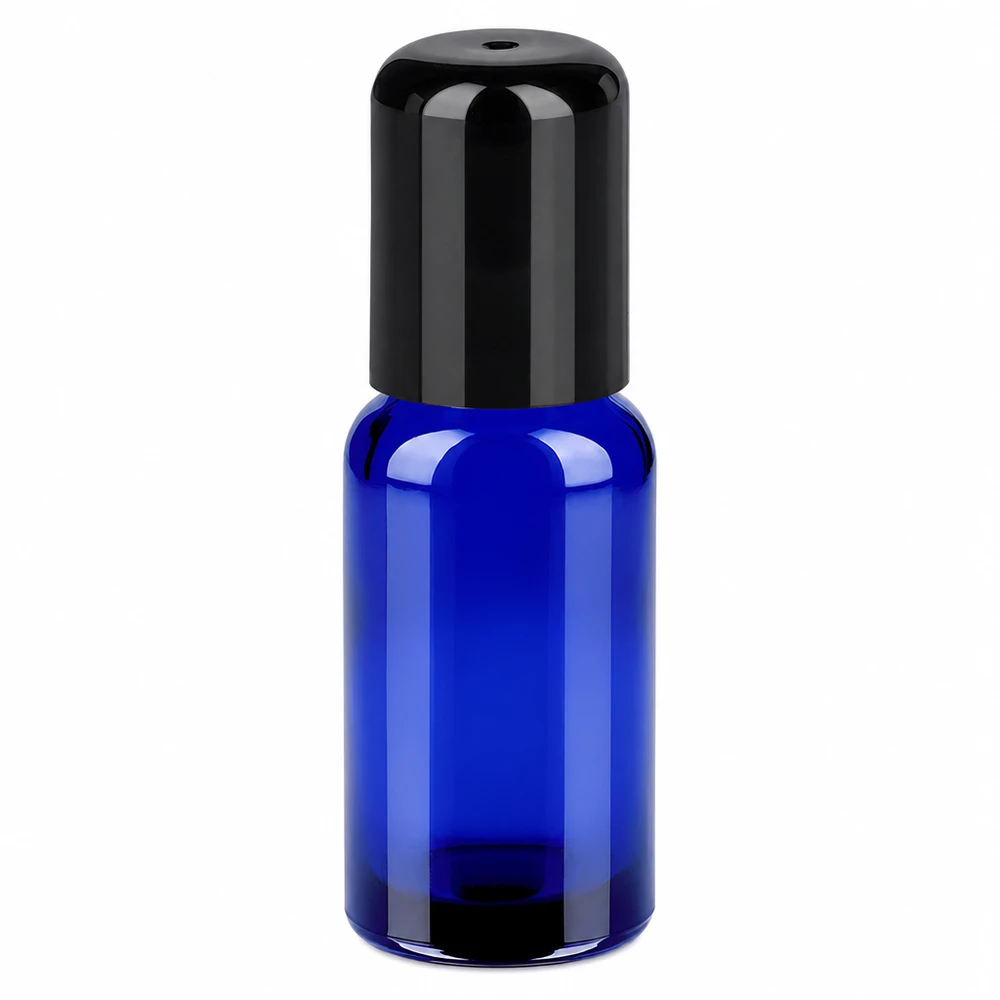 Kompakte Roll-On Flasche 20ml blaues Glas schwarzer Kopf ideal für unterwegs