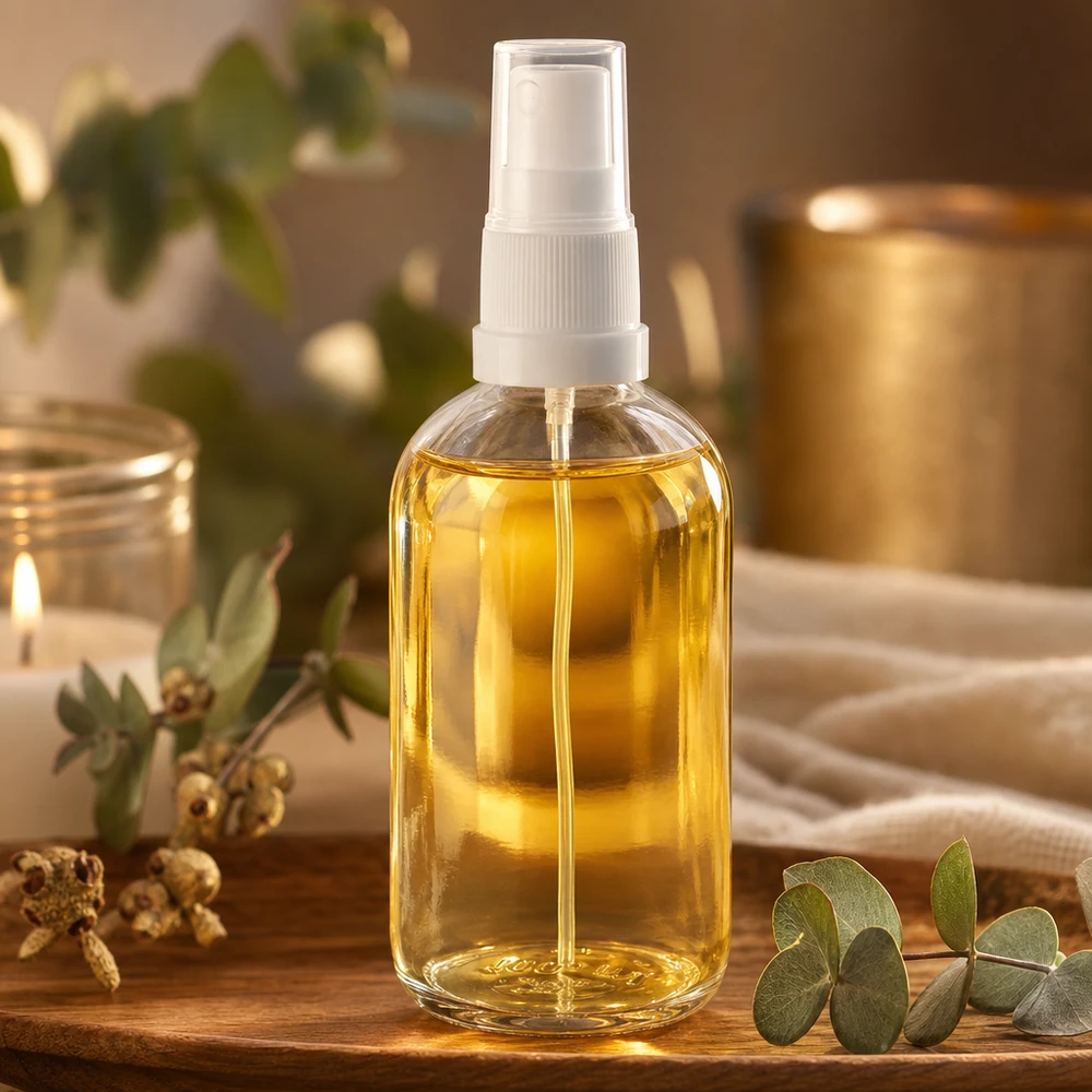 100ml lahvička s rozprašovačem bílá/průhledný standardní uzávěr ClearLine UT18/100 100ml Flakon ClearLine UT18 mit weißem Sprühkopf befüllt goldgelbes Pflegeöl Spa Setting