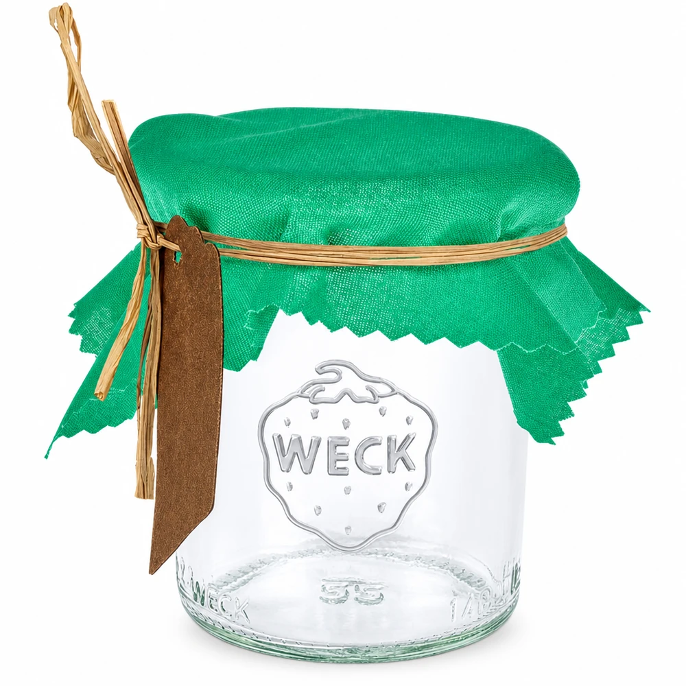 Látkový ubrousek na šperky zelený 12cm čtvercový Grünes Stoff Schmuckdeckchen 12cm eckig auf Weckglas mit Gummiband und braunem Anhänger als Marmeladendeckchen