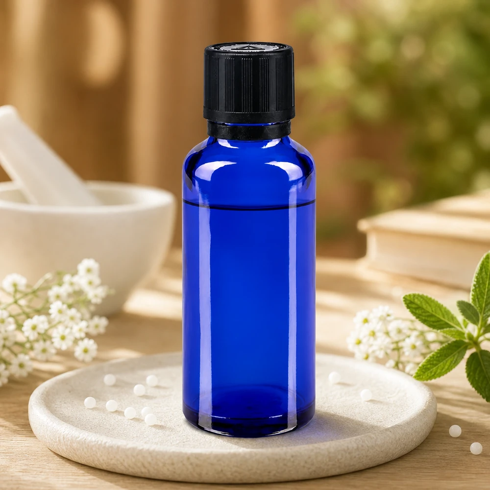 Zylindrische 30ml Kobaltglasflasche mit Tropfer für ätherische Öle und Homöopathie
