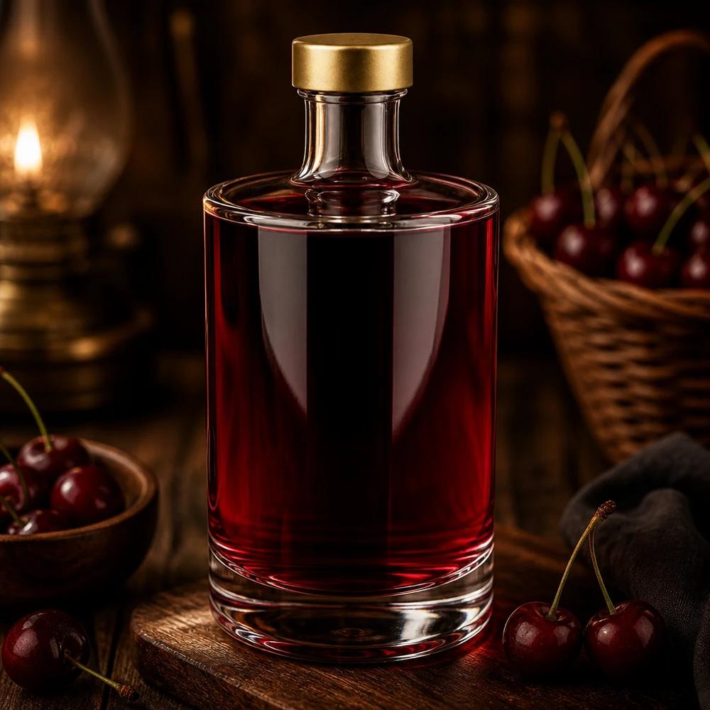500ml Glasflasche Sam mit roter Kirschflüssigkeit gefüllt goldener UNiTWIST Verschluss elegante Abendstimmung Kerzenlich