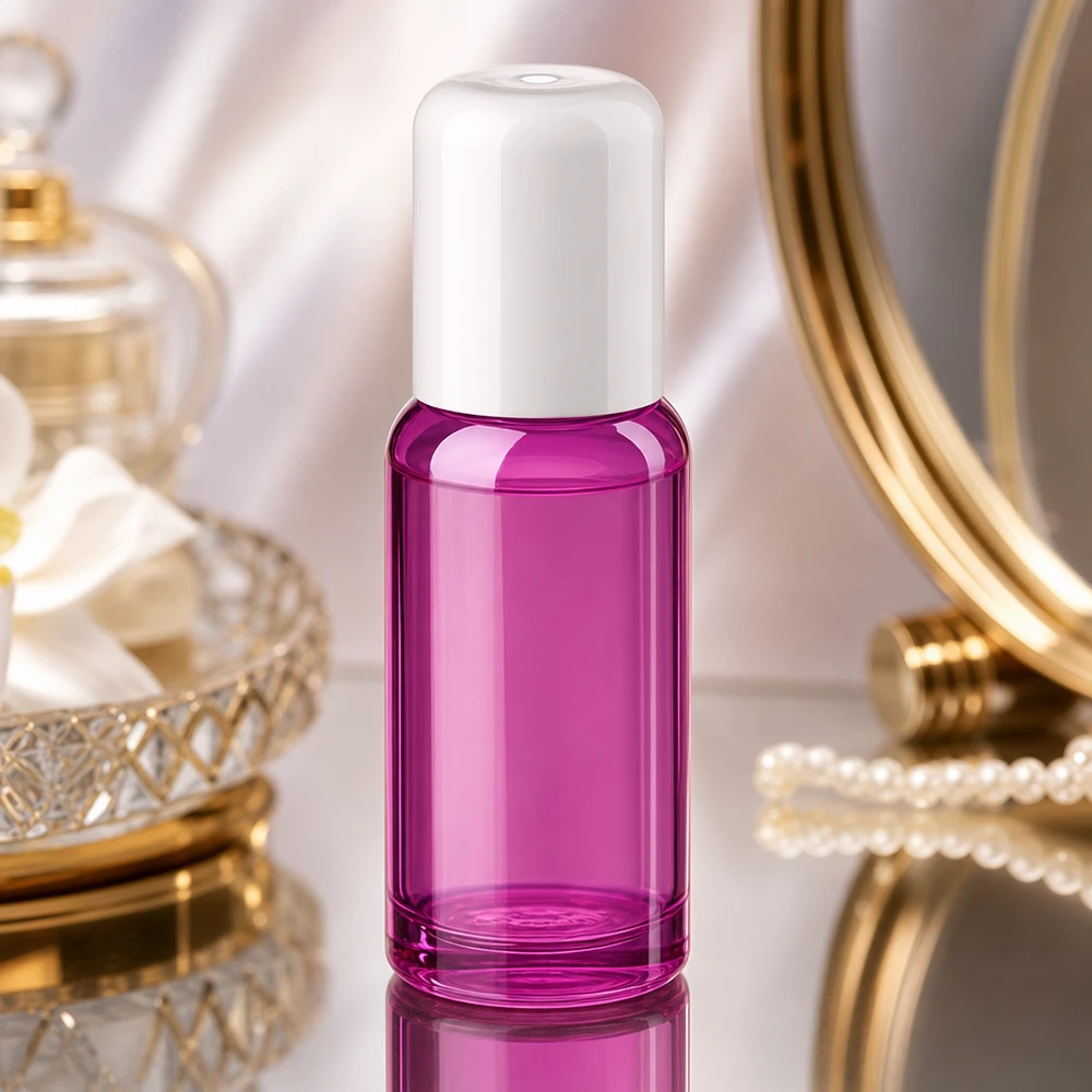Handliche 20ml Glasflasche mit Roll-On Funktion in leuchtend lila für mobile Anwendung