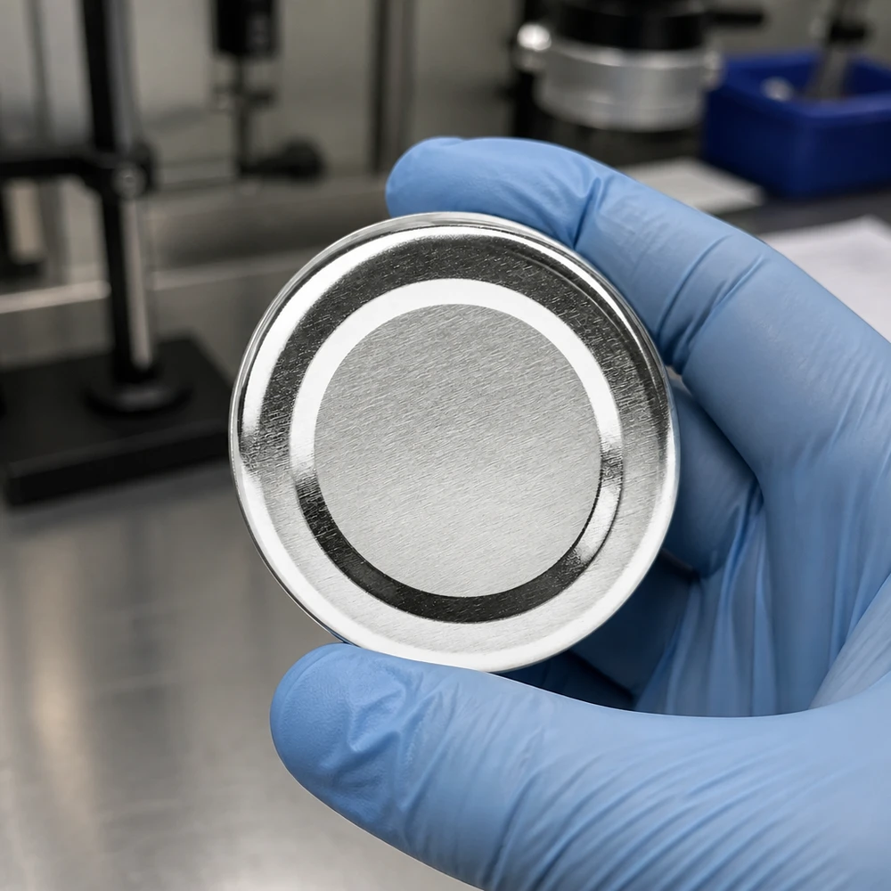 Detailní záběr 66mm kovového víčka BasicSeal, stříbrné, TO66deep UNiTWIST, v modré laboratorní rukavici