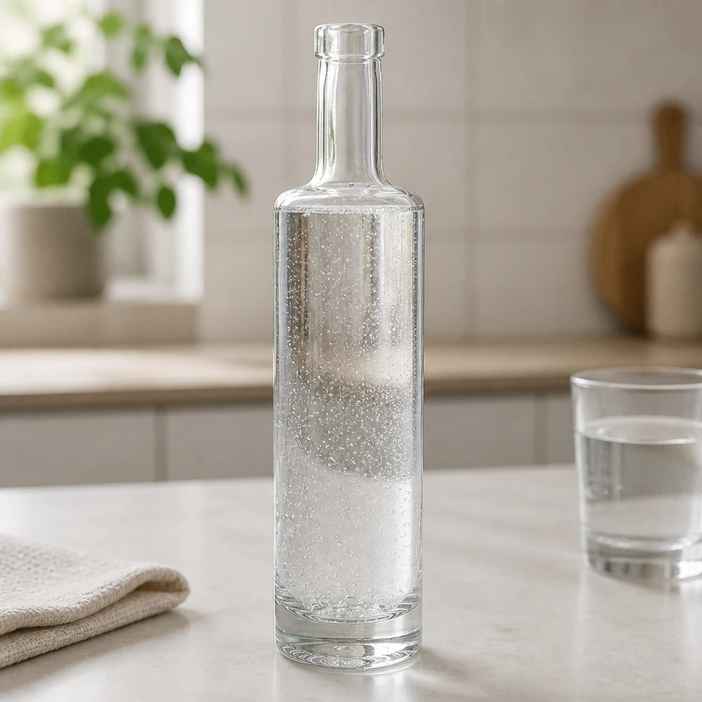 500ml Glasflasche Lina mit sprudelndem Wasser gefüllt in modernem Küchenambiente mit Wasserglas und Textil-Deko