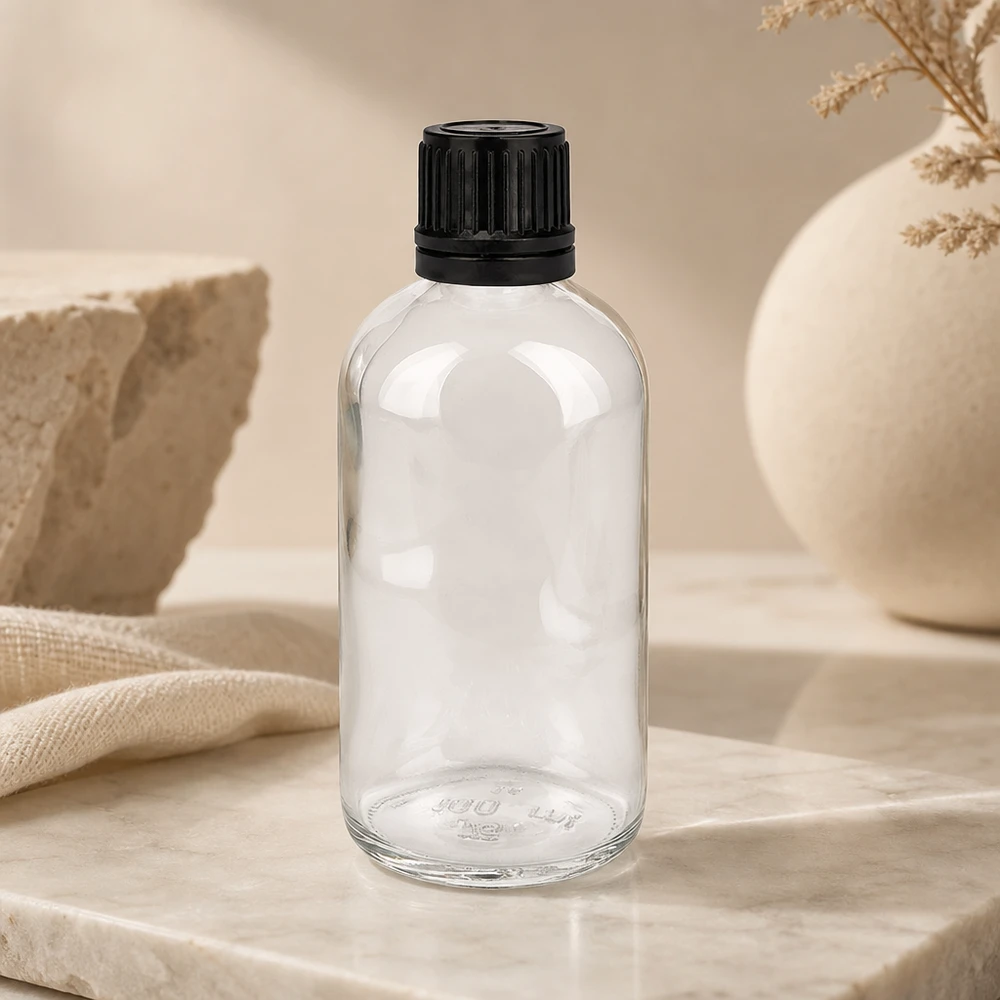 100ml globulová láhev 8mm nalévací kroužek černý standardní uzávěr ClearLine UT18/1 Apotheken Vorratsflasche 100ml Klarglas enghalsig mit schwarzem Verschluss für Pulver