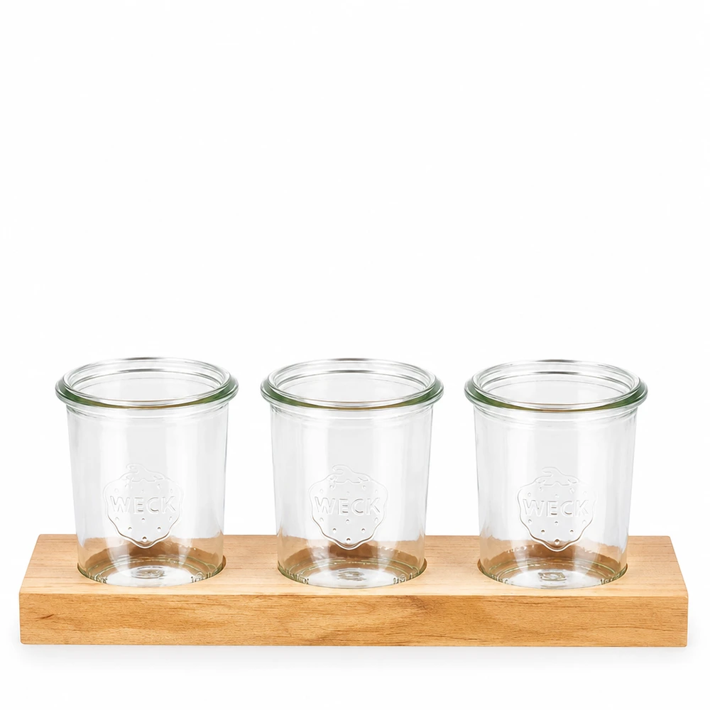 Servírovací prkénko Plano3 se 3 kelímky Weck 160 ml Servierbrett Plano3 aus Holz mit drei Weck Sturzgläsern 160ml für Dips Gewürze und Snacks