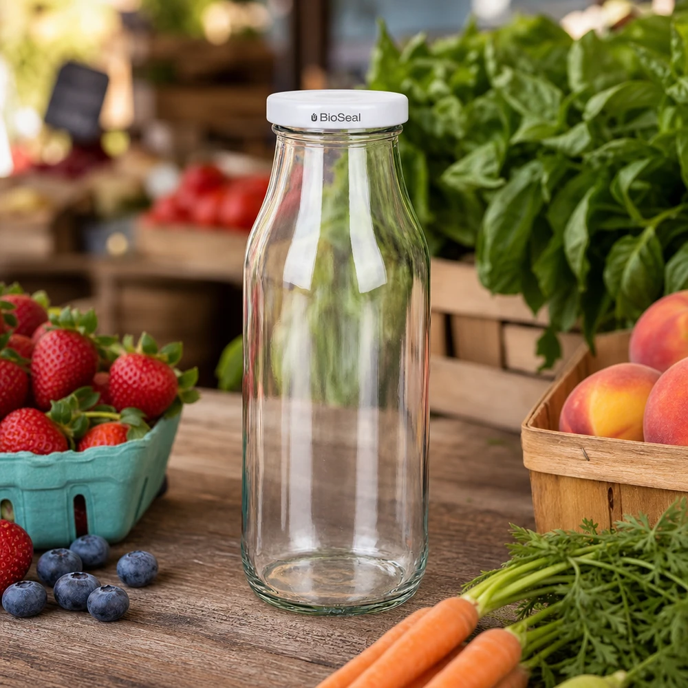 UNiTWIST Bottle263 Glasflasche leer zwischen frischem Obst und Gemüse auf Holztisch in natürlicher Küchenszene