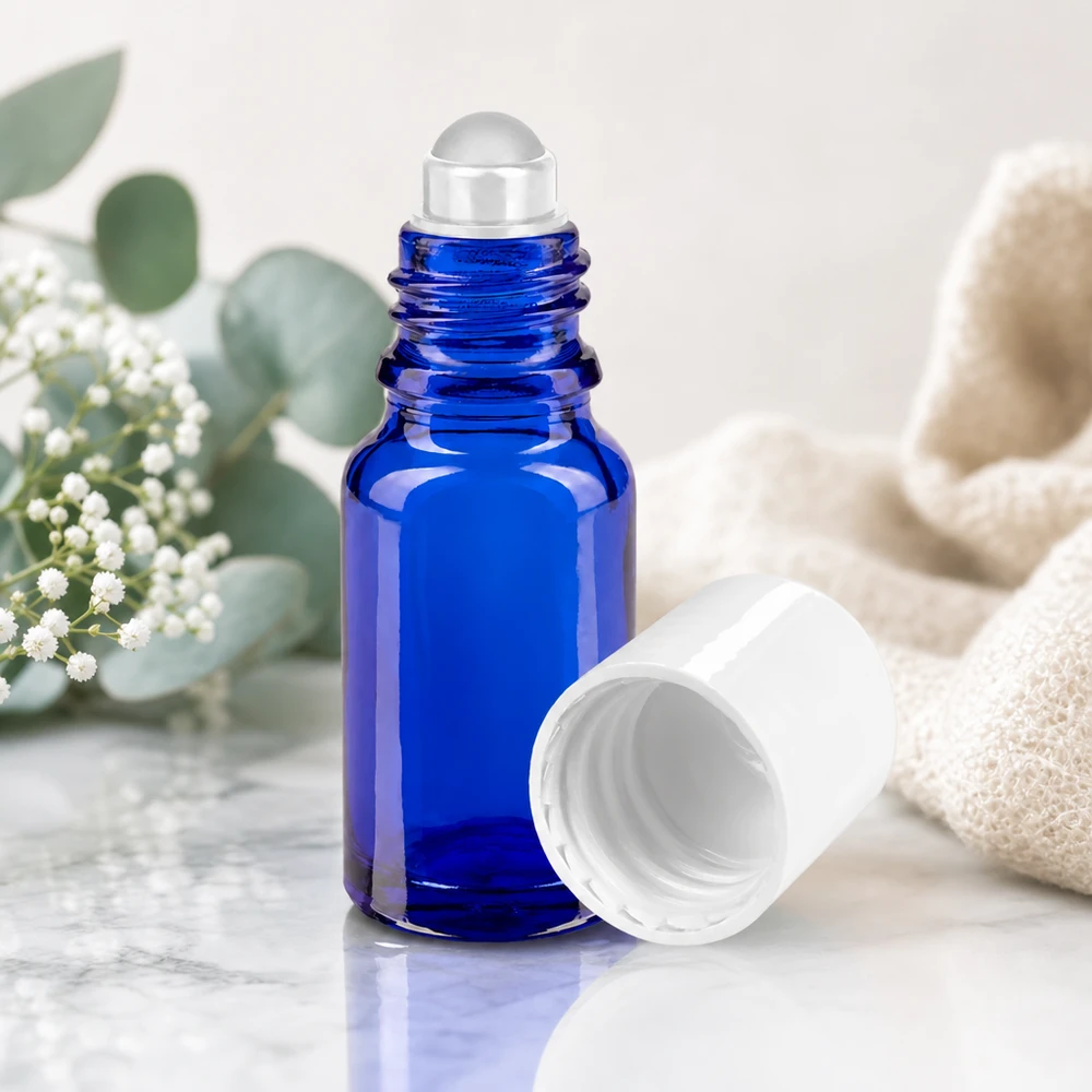UV-Schutz Apothekerglas 10ml Roll-On in Kobaltblau mit abnehmbarem weißen Standardverschluss