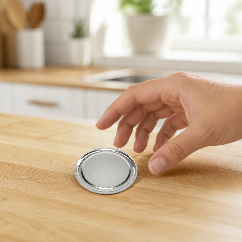 63mm víko BasicSeal stříbrné (TO63) UNiTWIST Kulaté stříbrné víčko TO63 s odšroubovacím uzávěrem o průměru 63 mm leží na dřevěné pracovní desce v moderní kuchyni