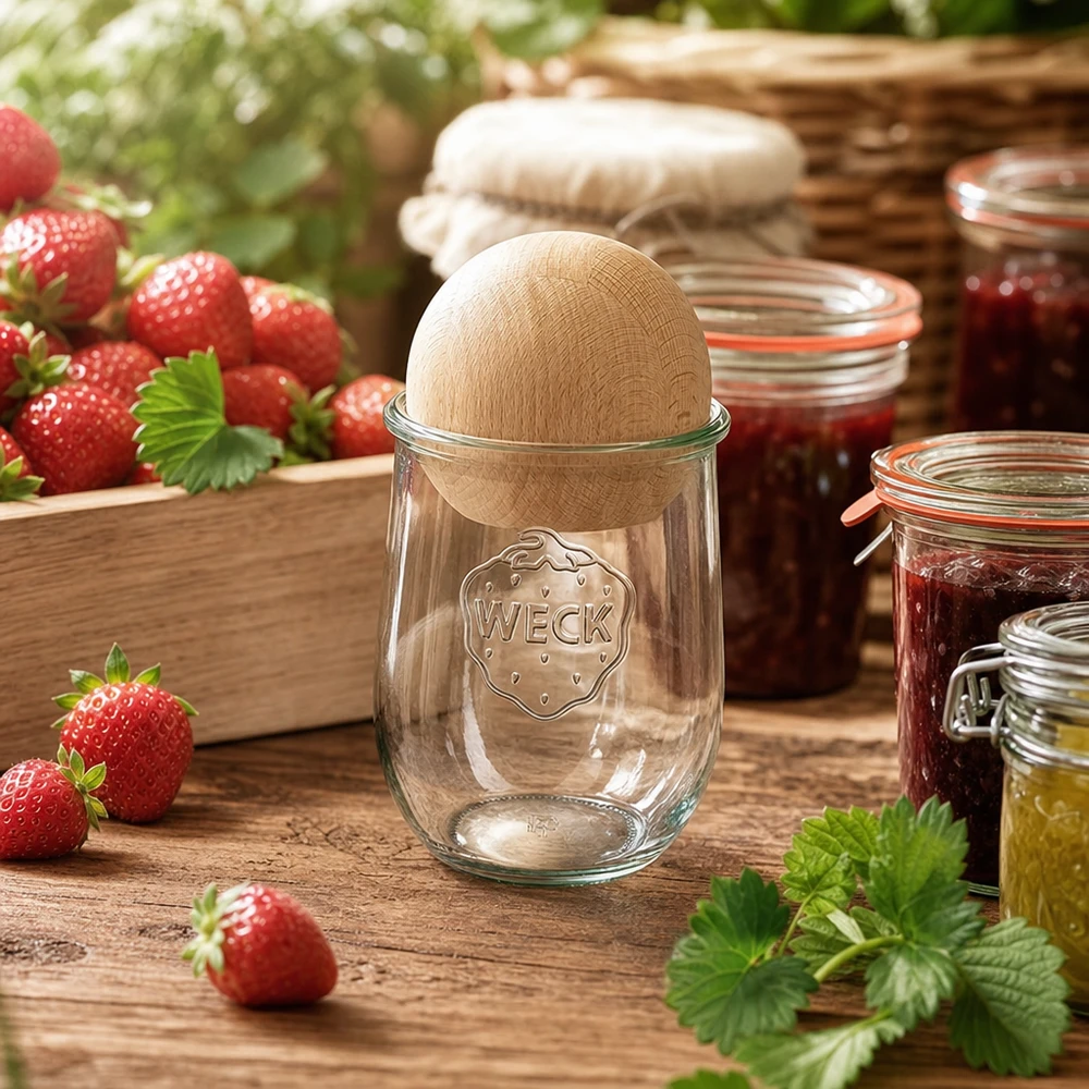 1062ml tulipánová sklenice WECK RR100 s dřevěnou kuličkou buk WECK Einmachglas 1062ml RR100 mit Holzdeckel beim Einkochen von Erdbeermarmelade in rustikaler Küche