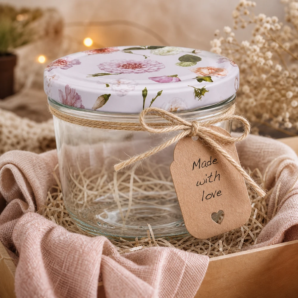 230ml Sturzglas BasicSeal Deckel rosa Blumen Geschenkverpackung Bastkorb Juteschleife Made with Love Anhänger
