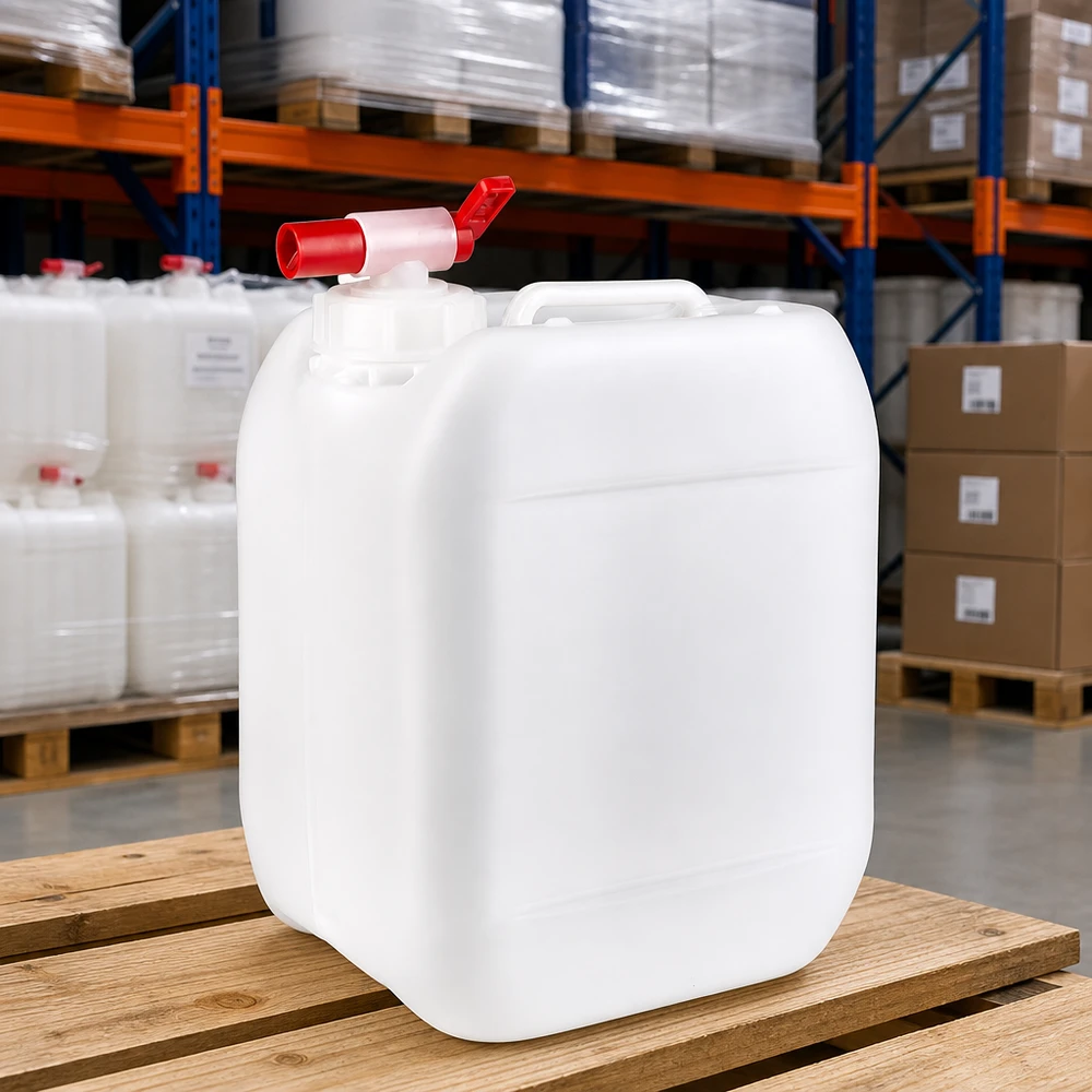 Kanystr o objemu 5 litrů s vypouštěcím kohoutkem Platzsparender 5 Liter Kanister mit Einfüllöffnung und rotem Hahn für Industrie und Gewerbe