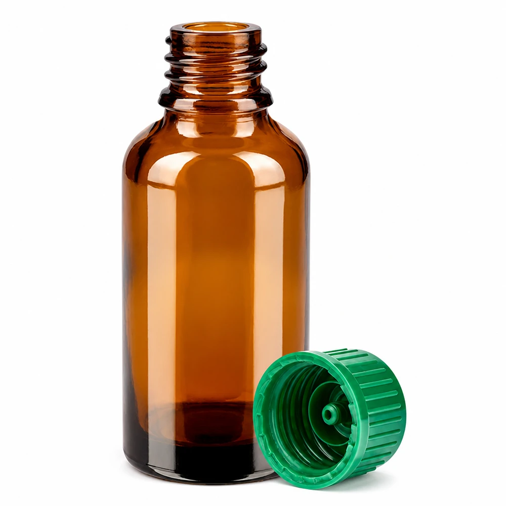 Handliche 30ml Glasflasche in Apothekerbraun mit grünem 11mm Standardverschluss