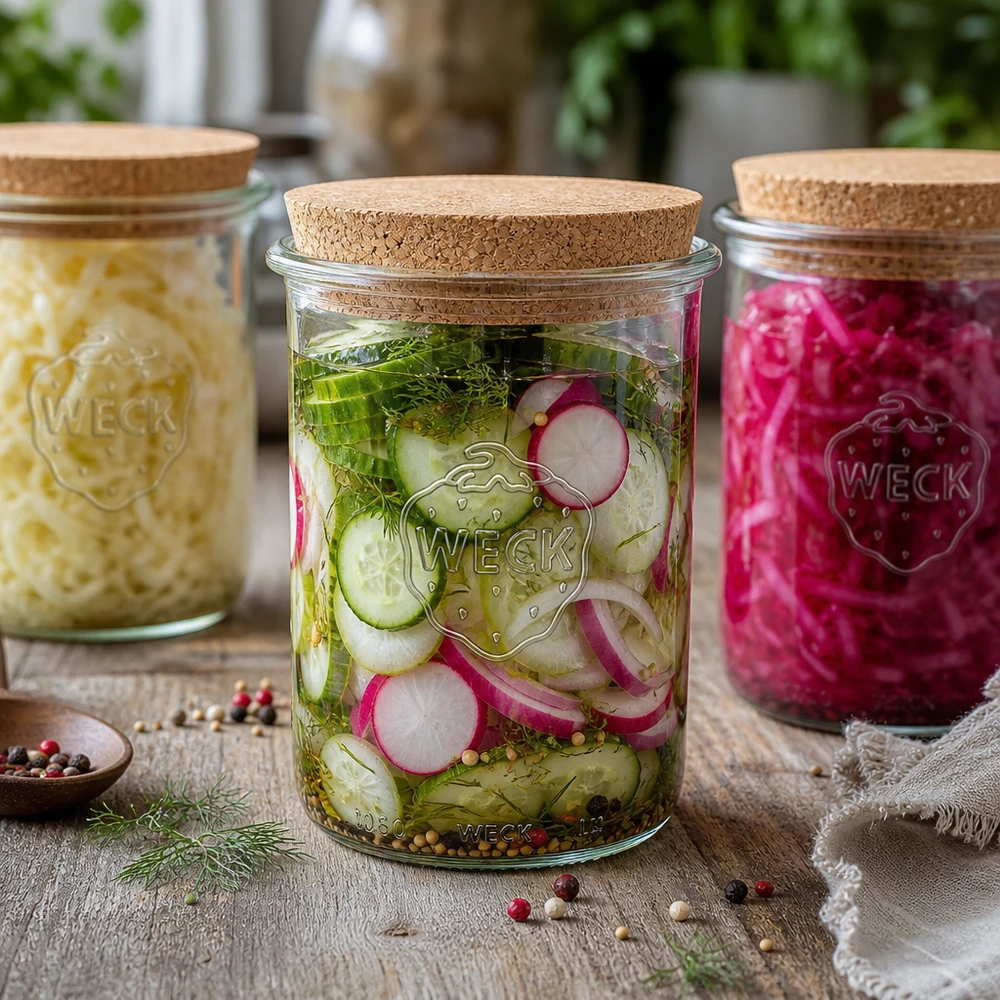 1000ml kelímky WECK RR100 s korkem přírodní WECK Sturzglas 1000ml RR100 mit Korkdeckel Einmachgläser Set eingelegte Gurken Sauerkraut Radieschen Vorratsgläser