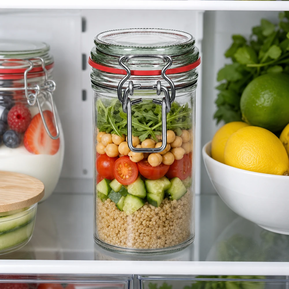 Úložná sklenice o objemu 272 ml s gumovým kroužkem a otočným víčkem UNiTWIST. 272ml Vorratsglas mit Bügelverschluss gefüllt mit Salat-Zutaten im Kühlschrank - perfekt für Meal Prep und frische Aufbe