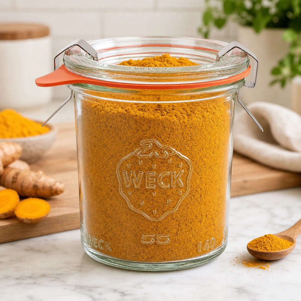 Kompletní 140ml sklenice se svěžestí WECK RR60 WECK Sturzglas 140ml RR60 mit Kurkuma-Pulver gefüllt in moderner Küche zeigt Vielseitigkeit für Gewürzaufbewahrung