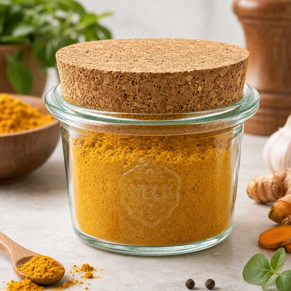 35ml zavařovací sklenice WECK RR40 s korkem přírodní WECK Sturzglas RR40 35ml mit Korken gefüllt mit Kurkuma Gewürzpulver umgeben von frischen Gewürzen und Kräutern