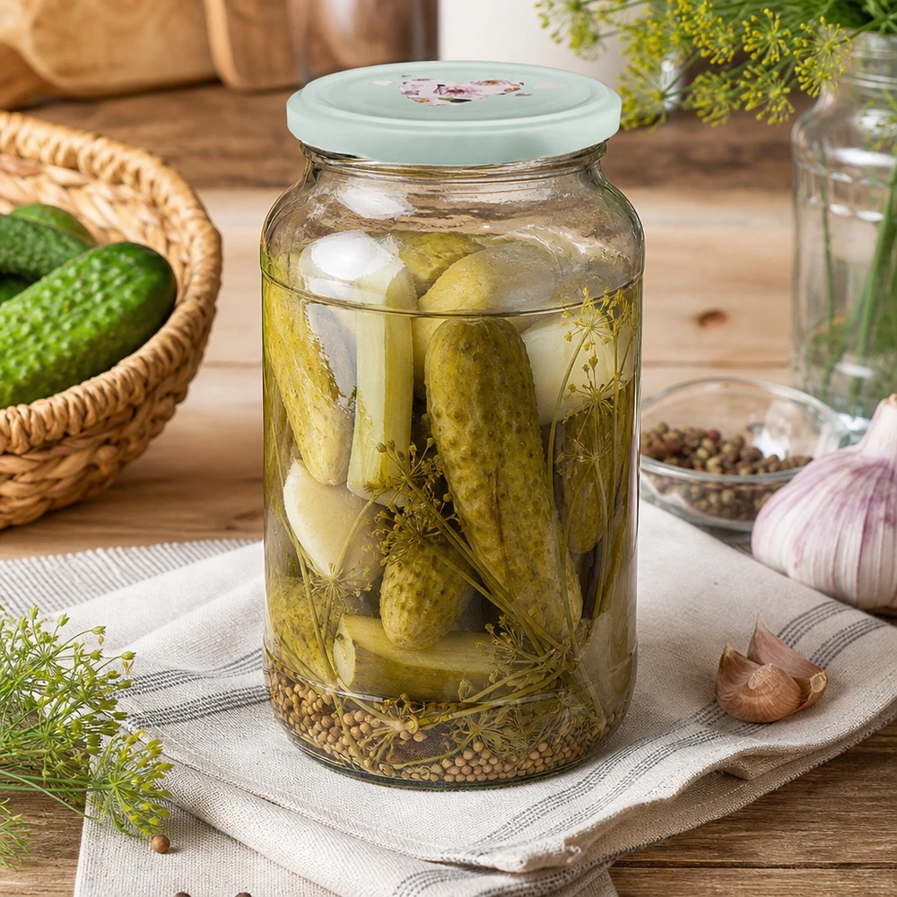 1062ml kulatá sklenice + víčko BasicSeal srdíčková máta UNiTWIST Eingelegte Gurken im 1062ml Rundglas mit mintgrünem Herz-Deckel als Anwendungsbeispiel für Konservierung