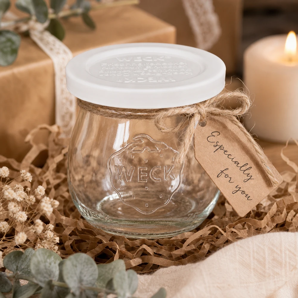 75ml tulipánová dóza s víčkem pro osvěžení WECK RR40 WECK Tulpenglas 75ml RR40 als Geschenk dekorativ verpackt mit Kraftpapier-Anhänger und Juteband auf Holz