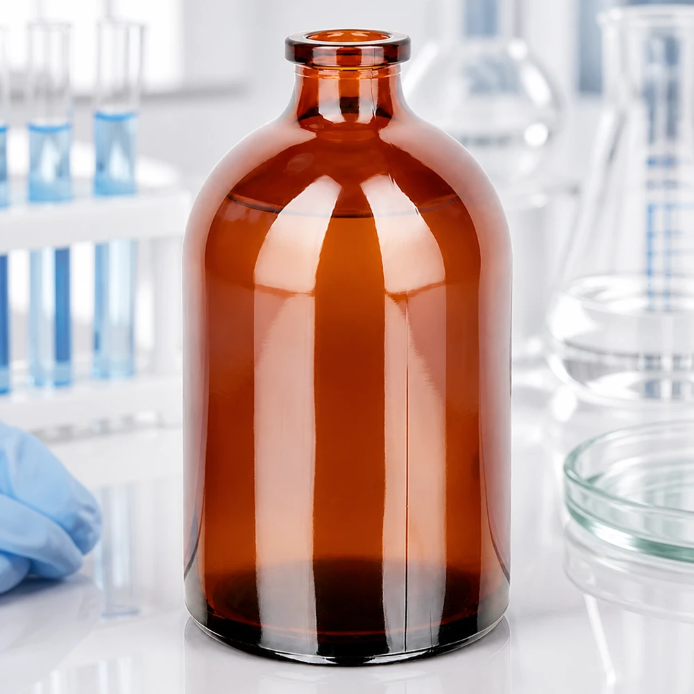 Injekční lahvička z jantarového skla 100ml Injektionsflasche 100ml aus braunem Glas zur Lagerung photosensitiver pharmazeutischer Wirkstoffe
