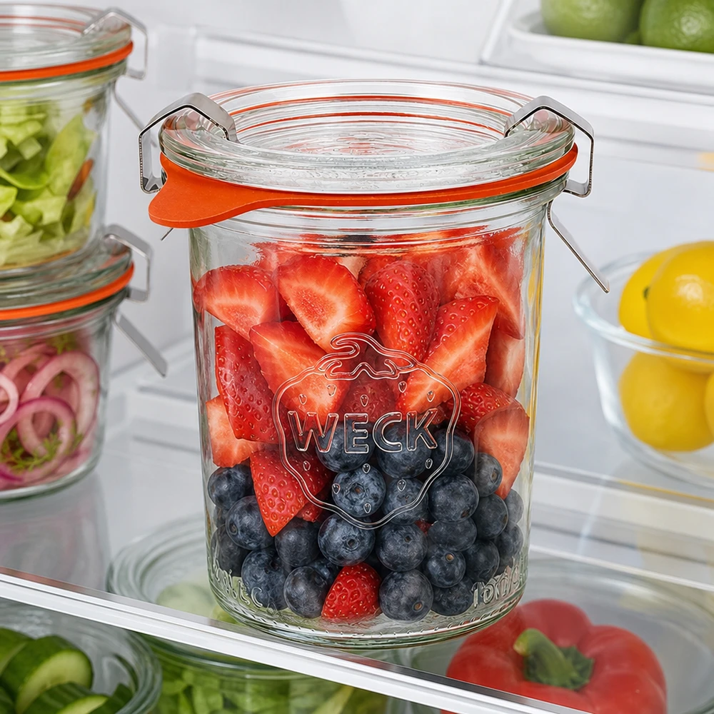 Kompletní 160ml sklenice se svěžestí WECK RR60 WECK Sturzglas 160ml RR60 im Kühlschrank mit frischen Beeren gefüllt zeigt optimale Frischhaltung und Aufbewahrung