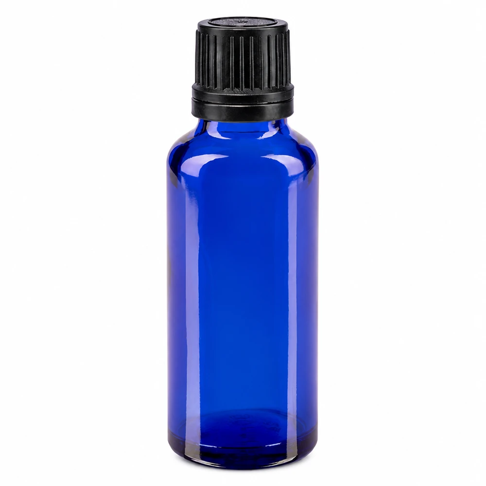 Kleine blaue Apothekenflasche 30ml UV-Schutz Glas mit schwarzem Dosierverschluss