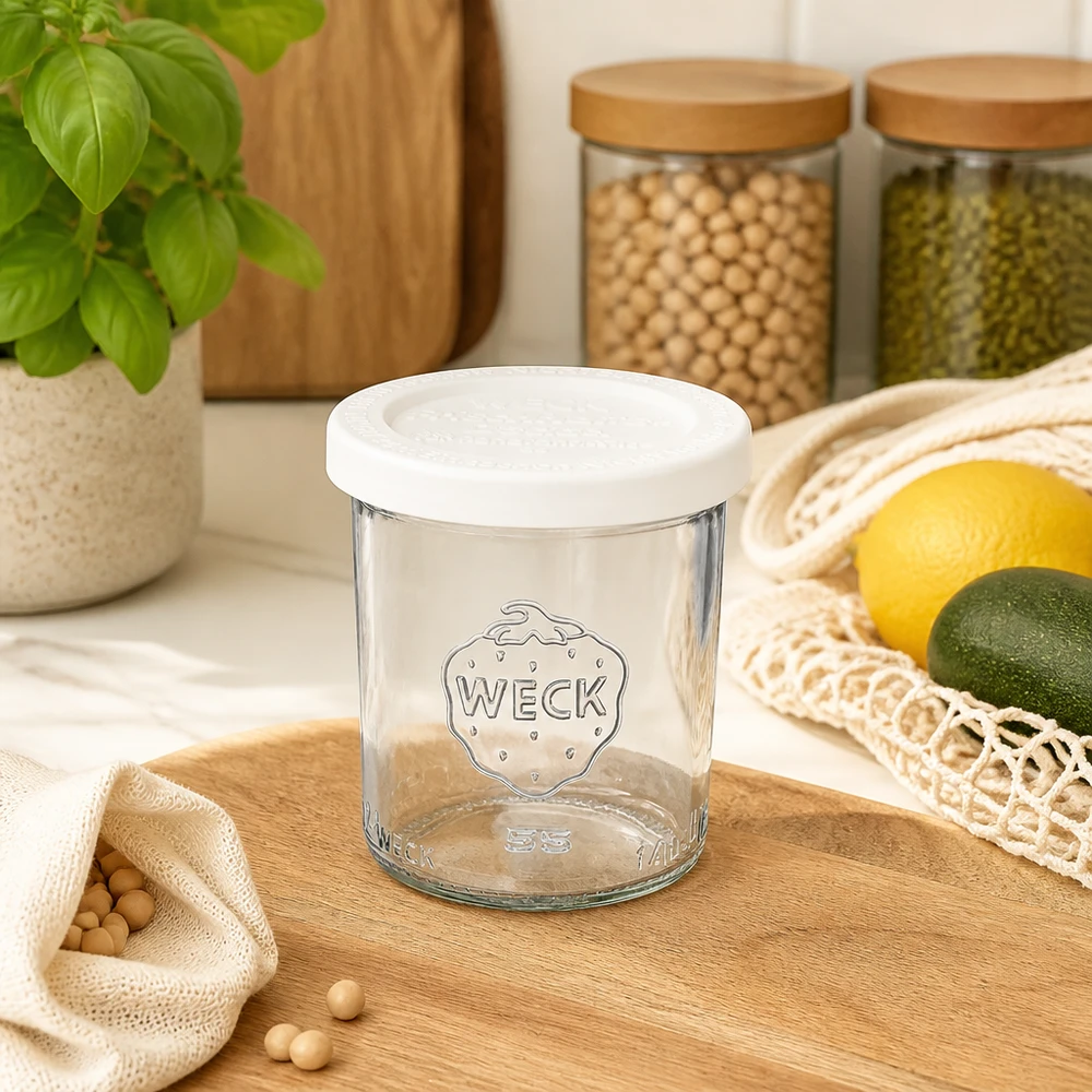 140ml zavařovací sklenice s víčkem pro uchování čerstvosti WECK RR60 WECK 140ml Sturzglas RR60 leer mit Frischedeckel in moderner Küche neben Vorratsgläsern und frischem Obst