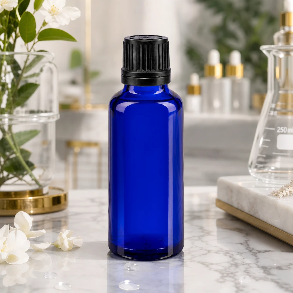 Kleine blaue Glasflasche 30ml mit kindersicherem OV-Deckel für ätherische Öle
