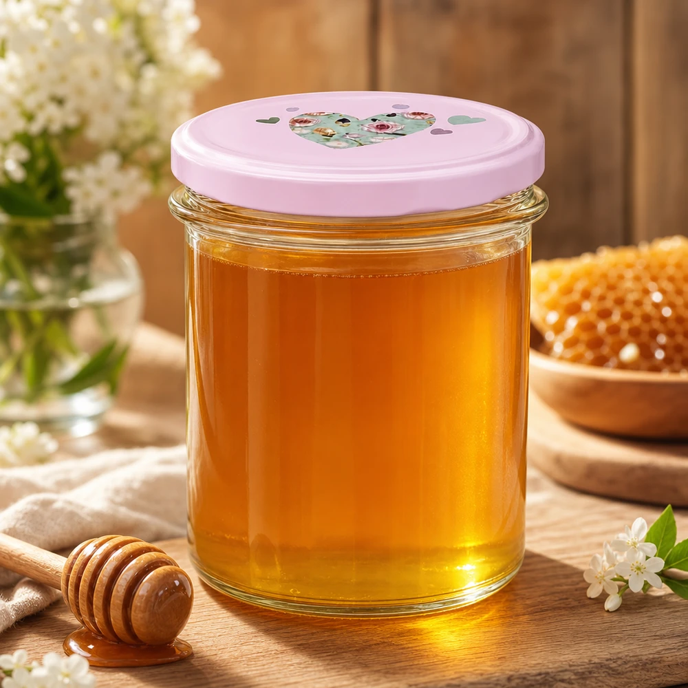 350ml kelímky + víčko BasicSeal srdíčková růžová UNiTWIST 350ml Sturzglas rosa Herzdeckel gefüllt mit Honig Honigglas Bienenwachs Holzlöffel natürliche Süßungsmittel
