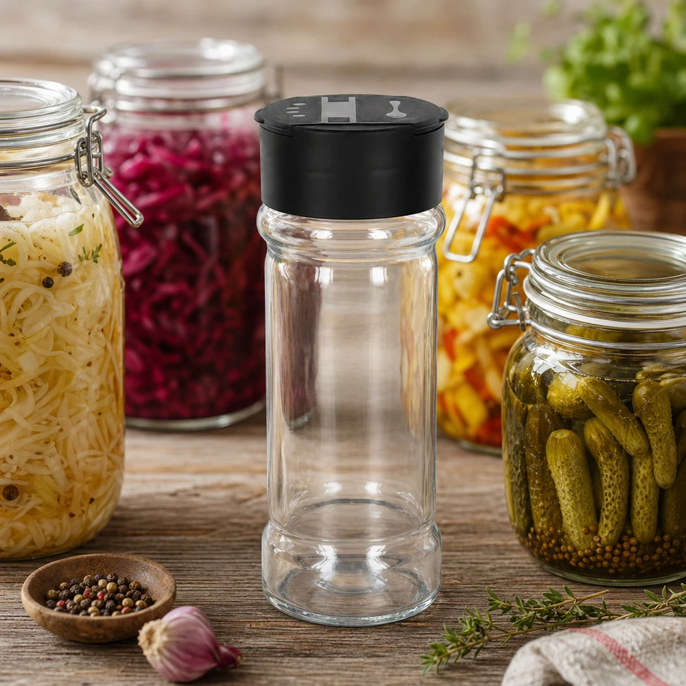Dóza na sůl/koření 100ml s dvojitým šejkrem černá Schwarzer Doppelstreuer-Deckel auf 100ml Gewürzglas vor rustikalem Küchen-Hintergrund
