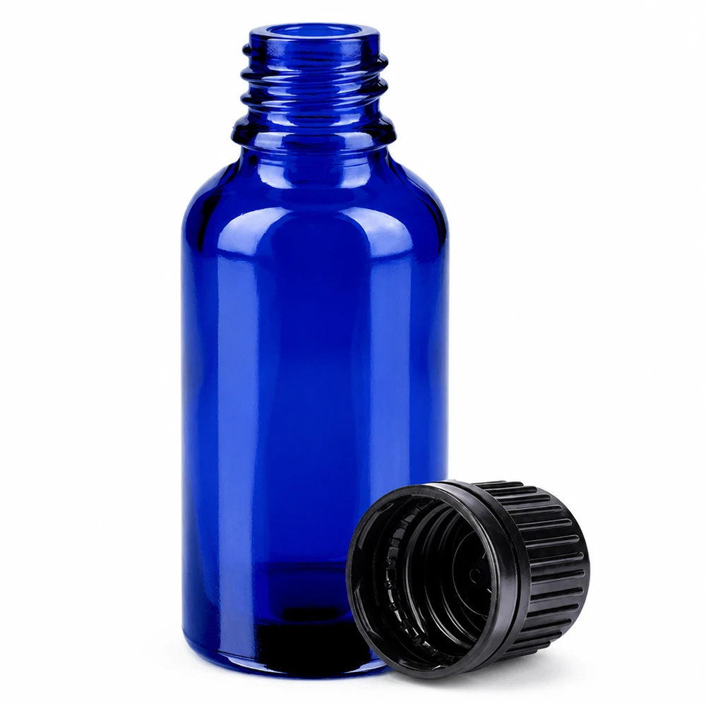 30ml láhev 11mm šroubovací uzávěr černý BlueLine UT18/30. Handliche blaue Glasflasche 30ml mit auslaufsicherem schwarzen Verschluss