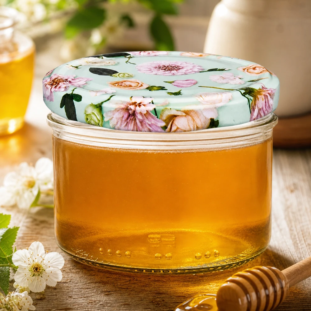230ml válcová sklenice + víčko BasicSeal flower mint Honigglas 230ml mit dekorativem BasicSeal Deckel Blume mint - goldener Honig mit Holzlöffel und Blütendeko