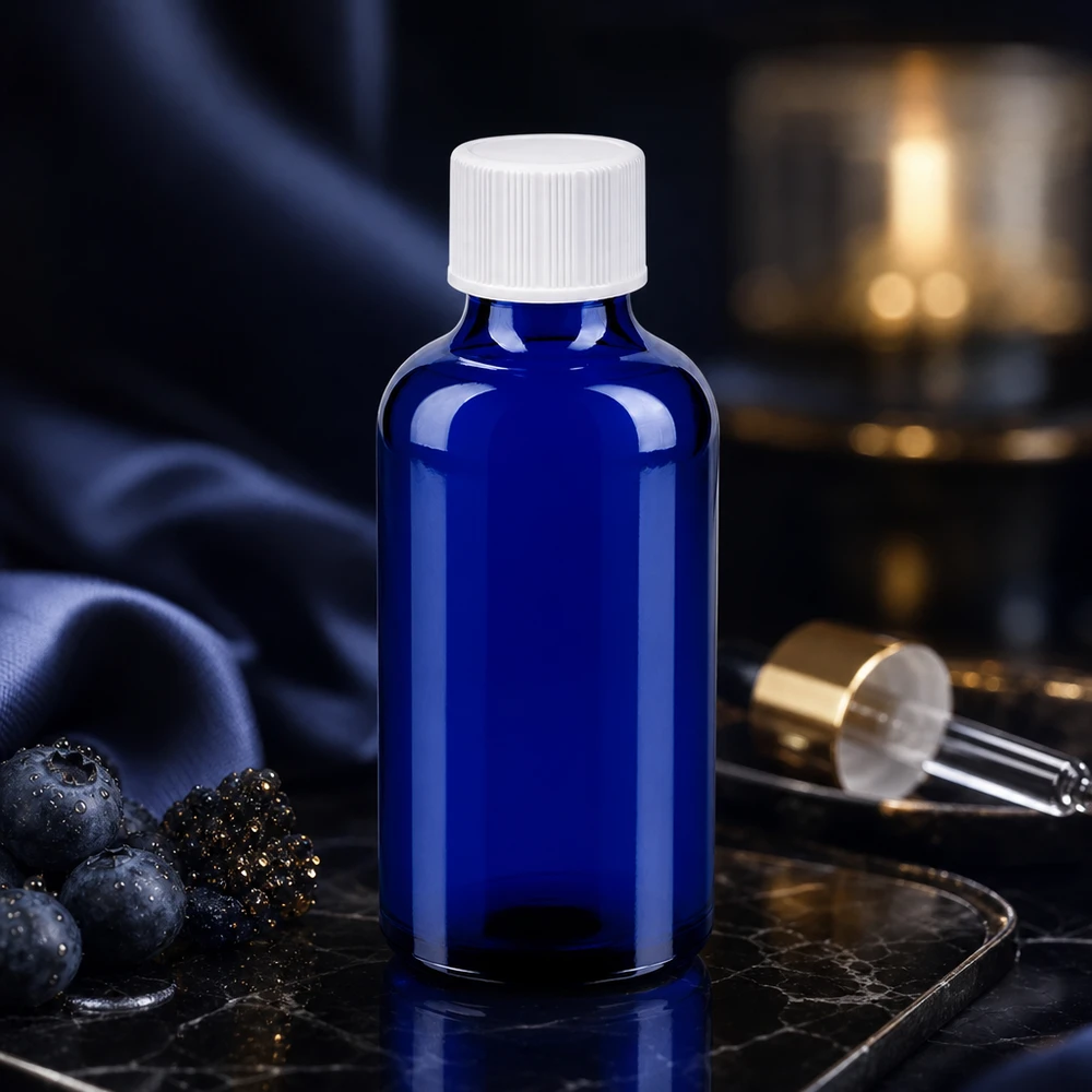 50ml láhev s 11mm šroubovacím uzávěrem bílá Standard BlueLine UT18/50 Vielseitige 50ml Glasflasche in Apothekerqualität mit weissem SV-Verschluss für Kosmetik