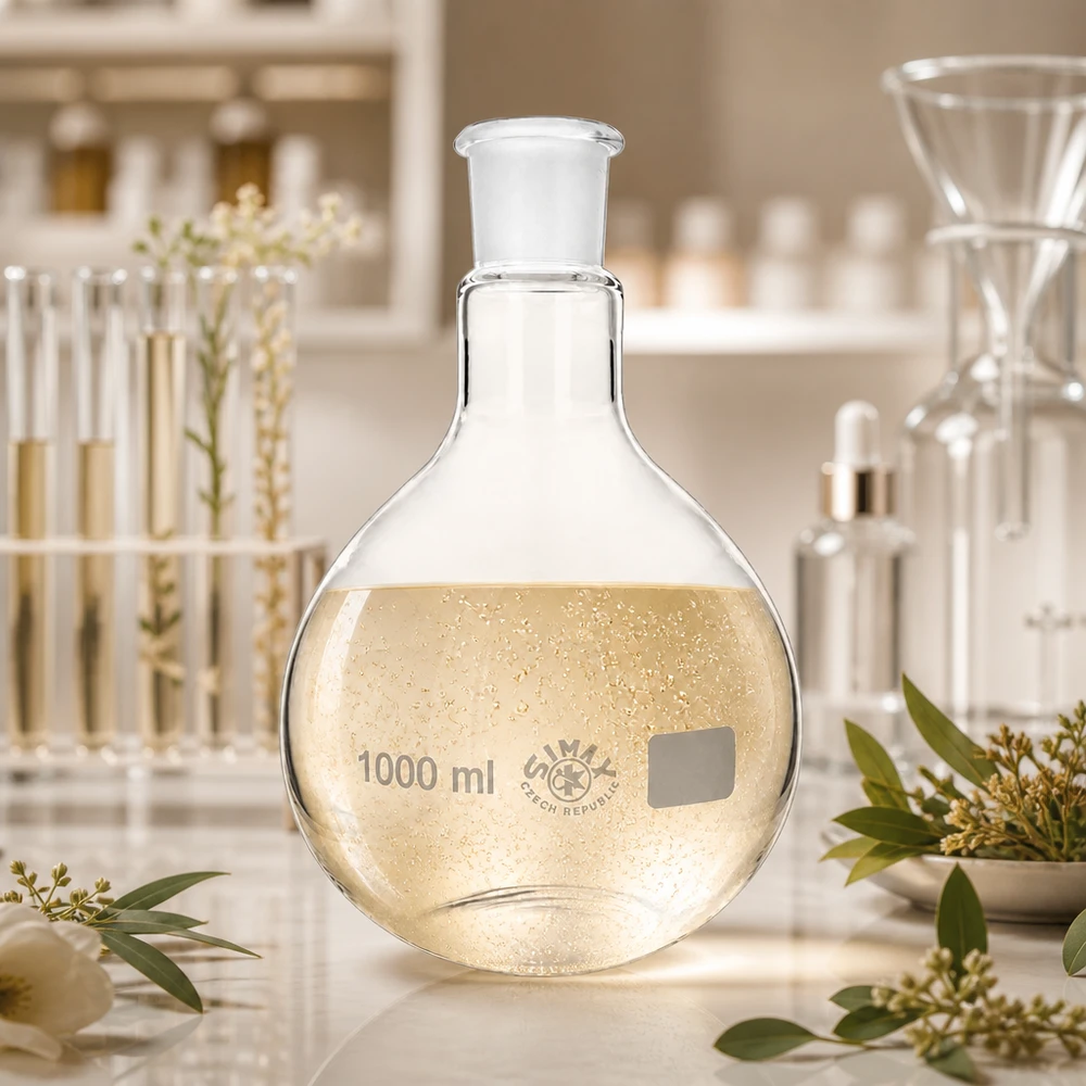 Baňka 1000ml se standardním broušeným spojem (29/32) Wissenschaftlicher Glaskolben 1000ml in modernem Labor-Setup mit organischen Materialien und Kräutern