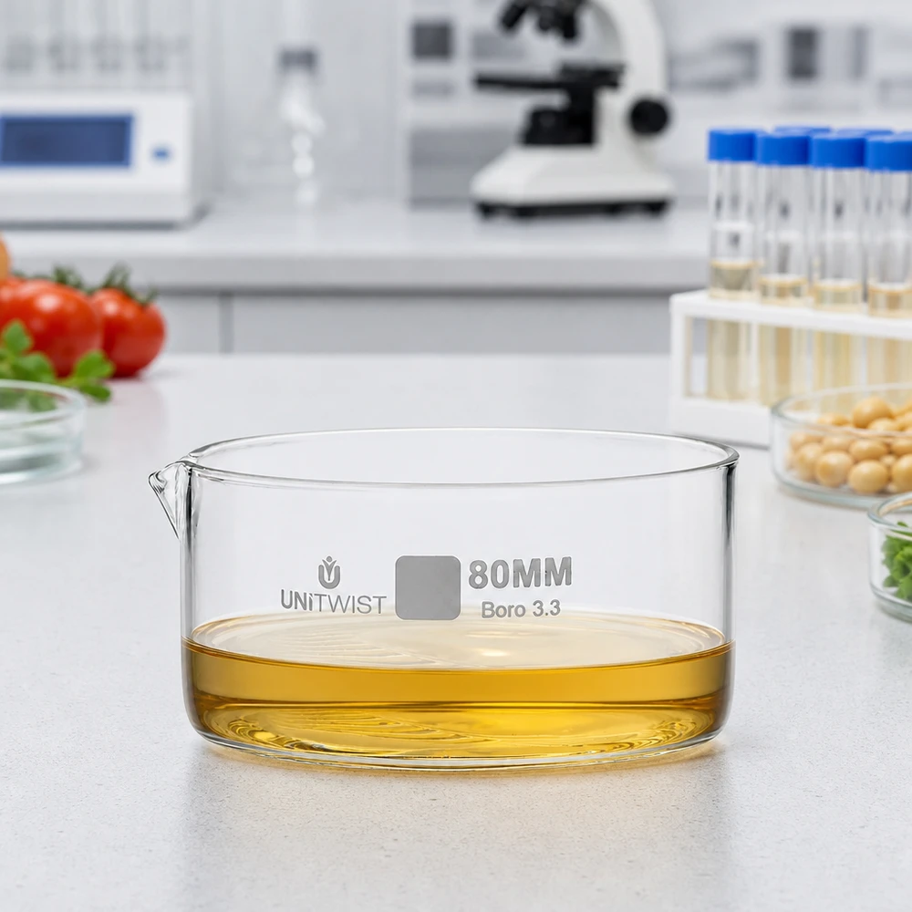 Krystalizační miska ø80 mm z borosilikátového skla UNiTWIST Lebensmittelanalyse Labor Kristallisierschale 80mm Borosilikatglas UNiTWIST gelbe Probe