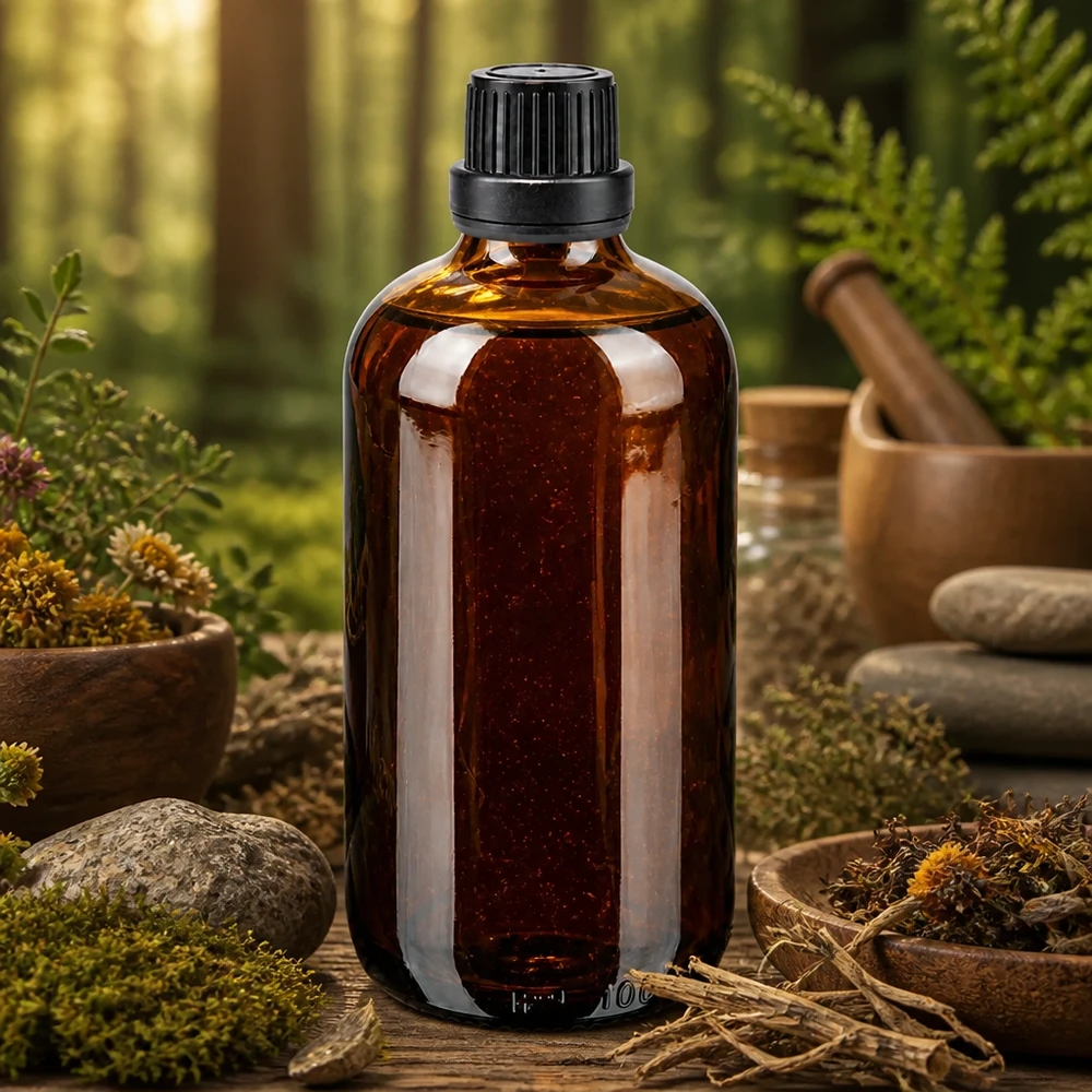 Lékárenská lahvička hnědá 100ml kapací uzávěr prémiový 2mm černý tamper-evidentní uzávěr. Braune Apothekertropfflasche 100ml aus UV-schützendem Glas für pflanzliche Extrakte und Tinkturen