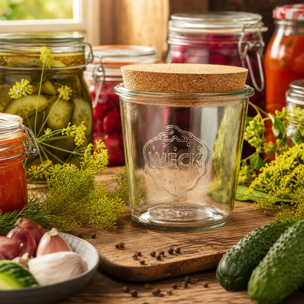 Sklenice o objemu 580 ml WECK RR100 s korkovou zátkou přírodní WECK Einmachglas 580ml RR100 Korkdeckel in rustikaler Küche mit Gewürzen Gurken und Einmachzubehör dekoriert