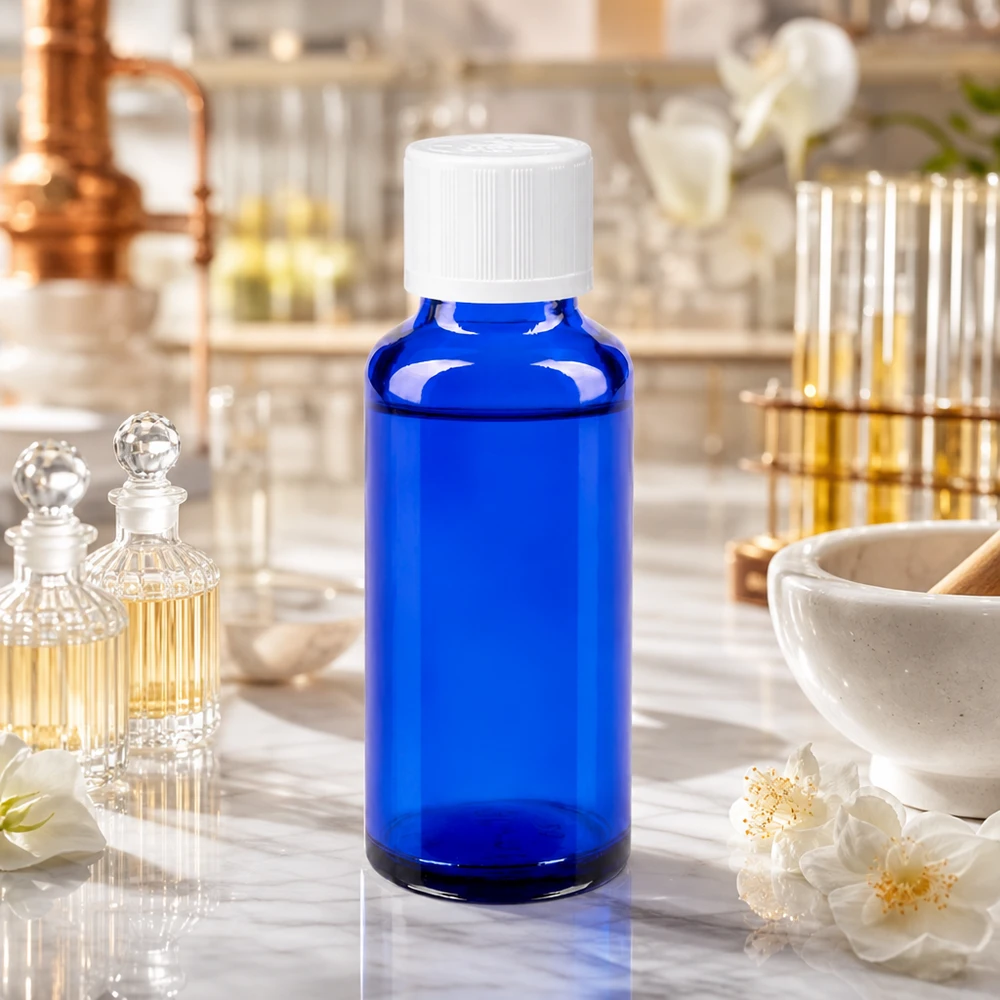 Lékárenská láhev modrá 30ml kapátko bílý uzávěr odolný proti otevření dětmi standardní. Apothekerflasche Blauglas 30ml mit 1,2mm Tropfeinsatz für Aromatherapie und Naturkosmetik