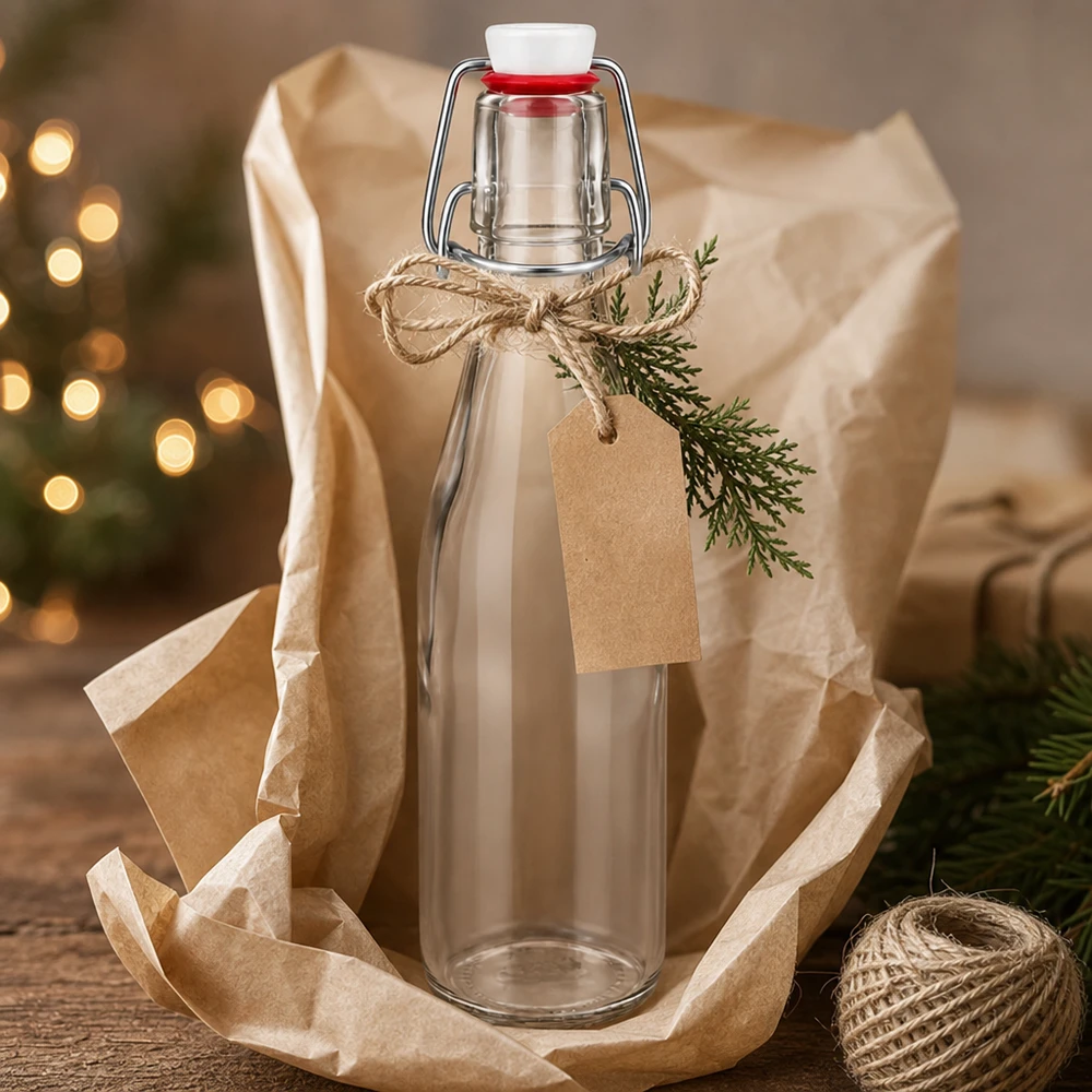 250ml skleněná láhev + otočný vršek z porcelánu UNiTWIST 250ml Glasflasche mit Bügelverschluss als Geschenk verpackt mit Juteschnur, Kraftpapier-Anhänger und Tannenzweig