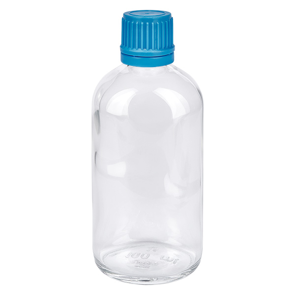 100ml láhev 11mm šroubovací uzávěr modrý tamper-evidentní uzávěr ClearLine UT18/100 Zylindrische 100ml Klarglasflasche mit blauem Kunststoffdeckel für Pharma und Labor