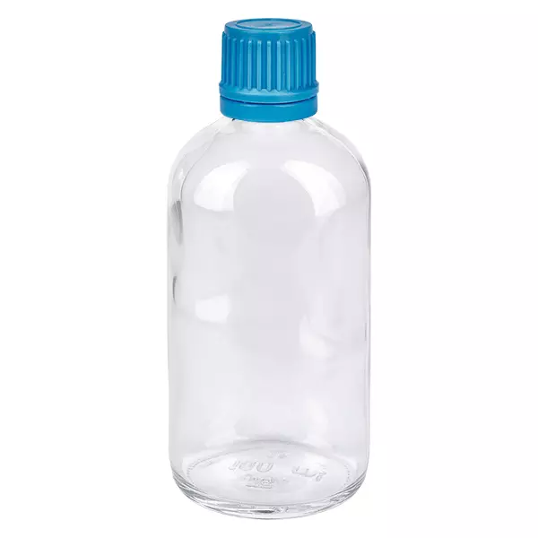 100ml láhev 11mm šroubovací uzávěr modrý tamper-evidentní uzávěr ClearLine UT18/100 Zylindrische 100ml Klarglasflasche mit blauem Kunststoffdeckel für Pharma und Labor