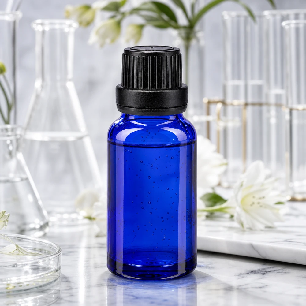 Lékárenská lahvička modrá 10ml kapací uzávěr s nalévacím kroužkem 2mm černý uzávěr proti neoprávněné manipulaci. 10ml OV-Tropfflasche aus blauem Apothekenglas mit schwarzem Schraubdeckel in professioneller Laborumgebung