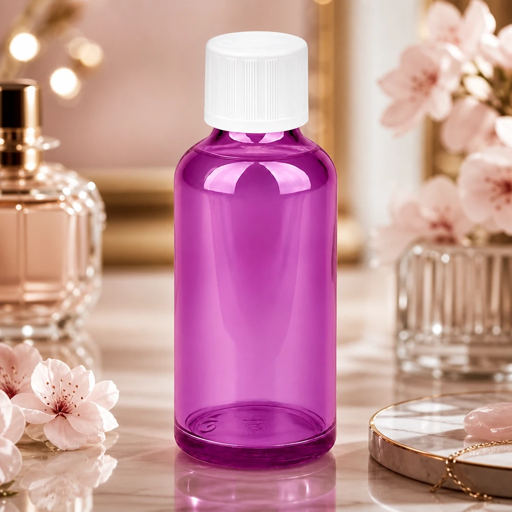 Violette Kunststoffflasche 50ml mit weißem Tropfverschluss für sichere Aufbewahrung