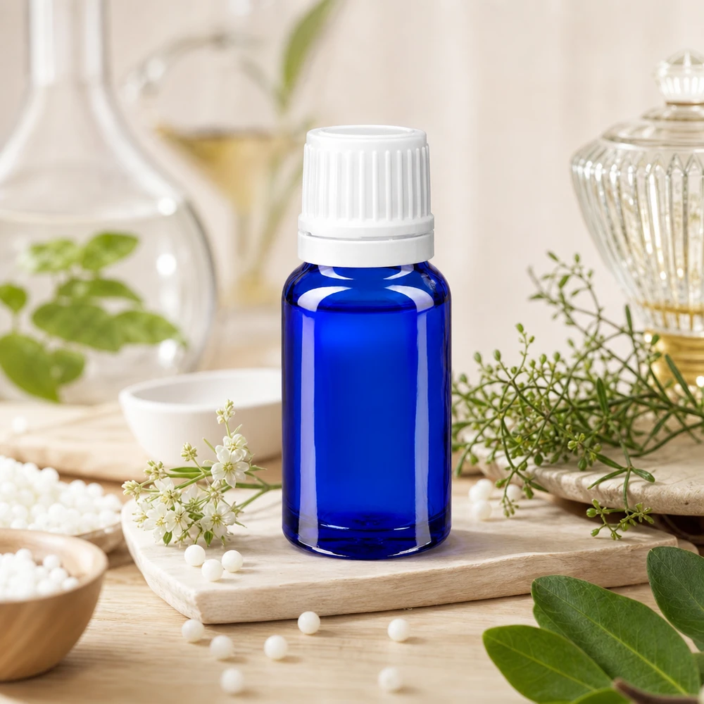Lékárenská lahvička modrá 10ml kapací uzávěr 1,2mm bílý uzávěr s pojistkou proti manipulaci. Blaue Miniaturglasflasche 10ml mit weißem Tropfverschluss auf Holzuntergrund mit Wildblumen