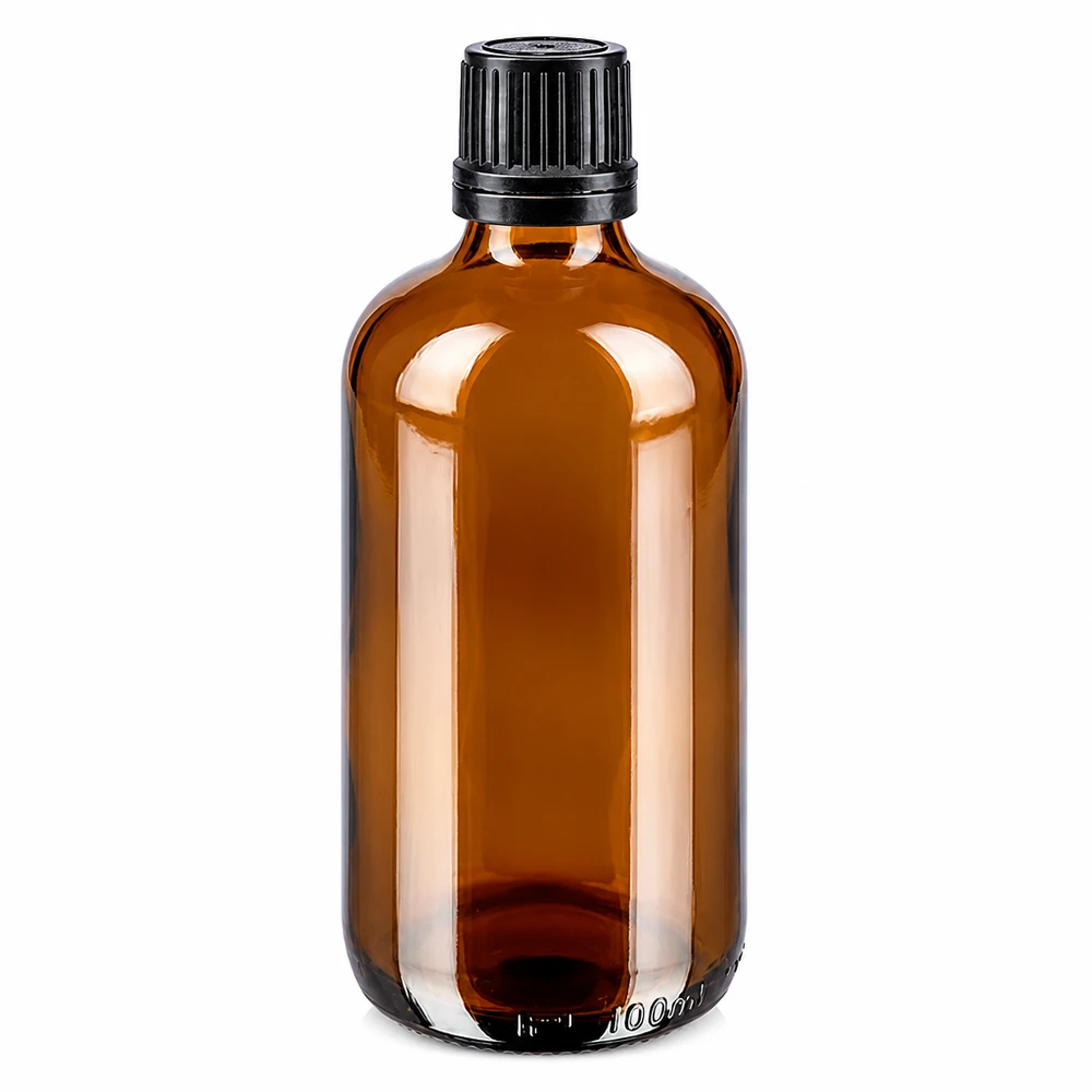 100ml Apothekenglas braun mit schwarzem Originalitätsverschluss und enger 8mm Tropfereinsatz